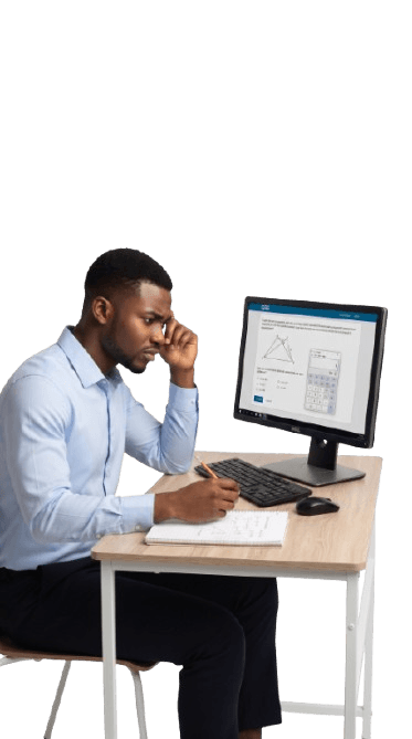 A student working through an SAT geometry question on screen, calculator open beside it